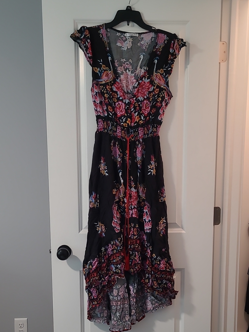 Black Floral High-Low Maxi Dress with Pink Accents